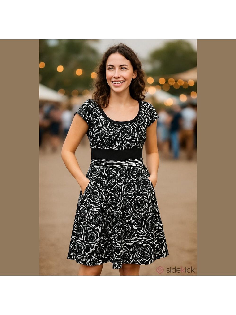 Gabby Skye Black and White Monochromatic  Floral Midi Dress